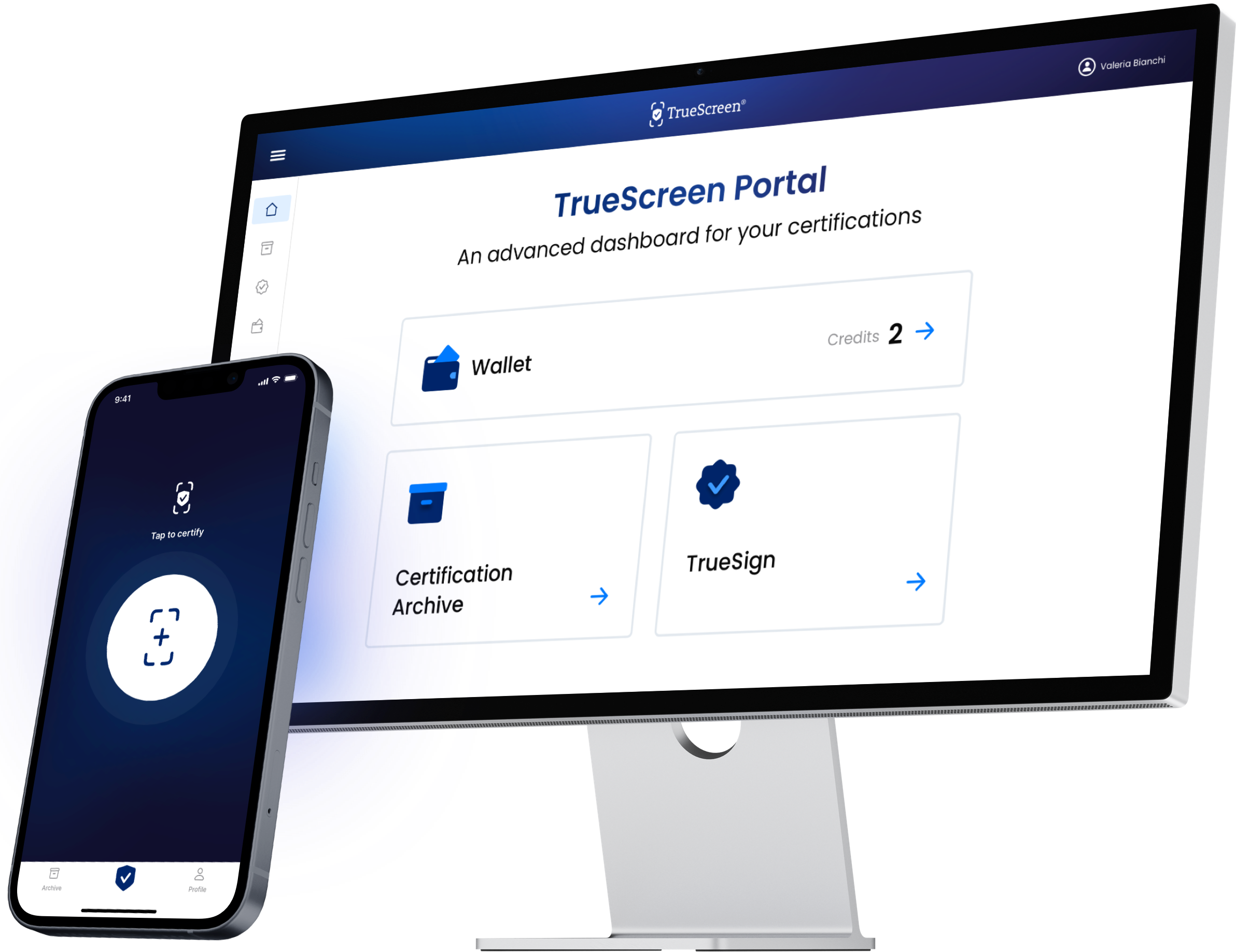Homepage del portale TrueScreen e home dell'app TrueScreen
