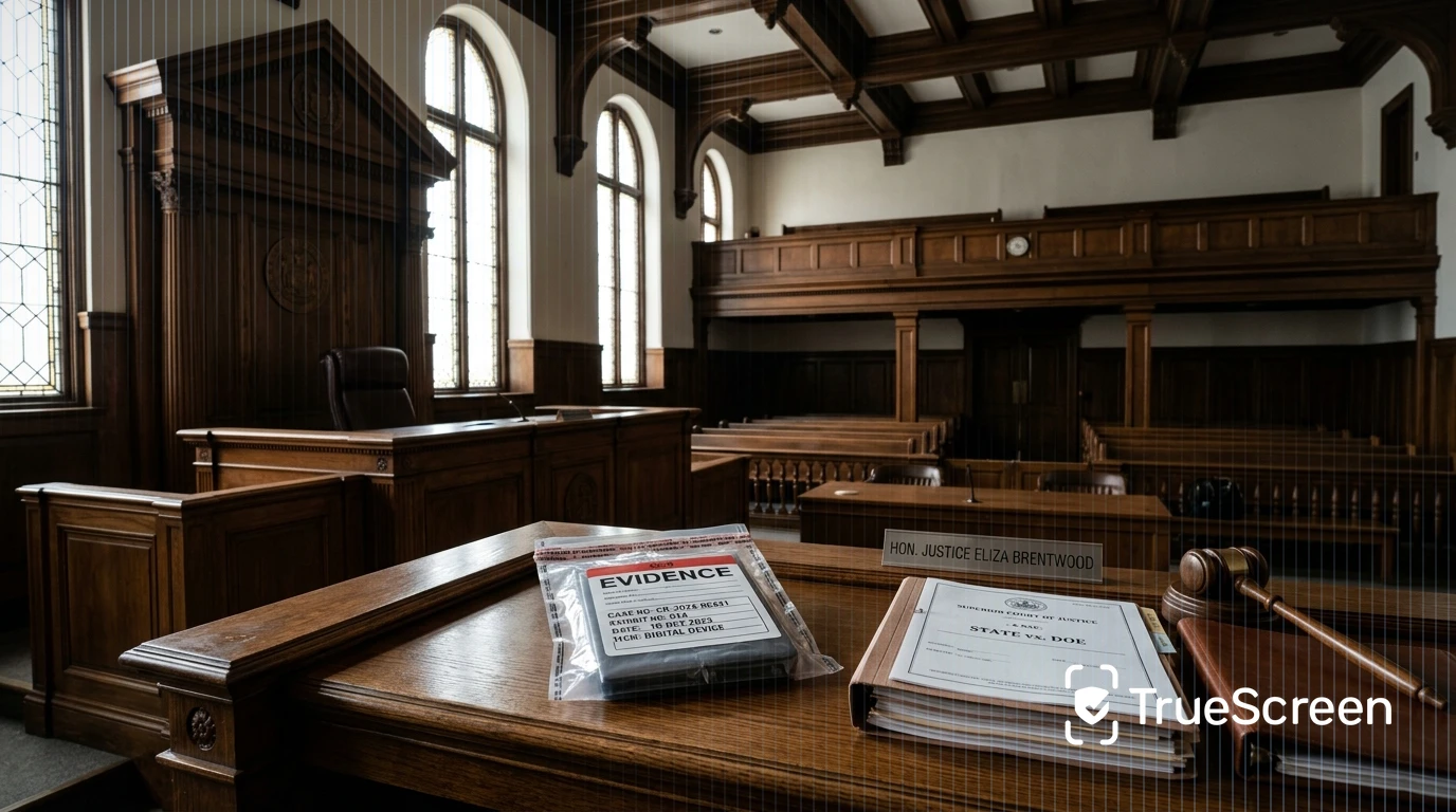Courtroom: digital evidence admissibility Grand courtroom with sealed evidence bag on judge bench, dramatic window light, warm wood tones