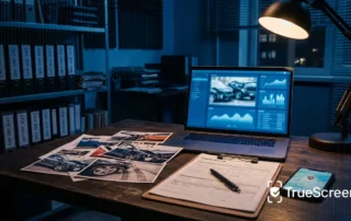 Insurance adjuster desk with laptop showing photo analysis, printed car accident photos, claim forms and smartphone with map