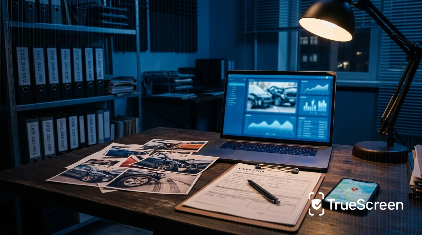 Insurance adjuster desk with car accident photo analysis Insurance adjuster desk with laptop showing photo analysis, printed car accident photos, claim forms and smartphone with map