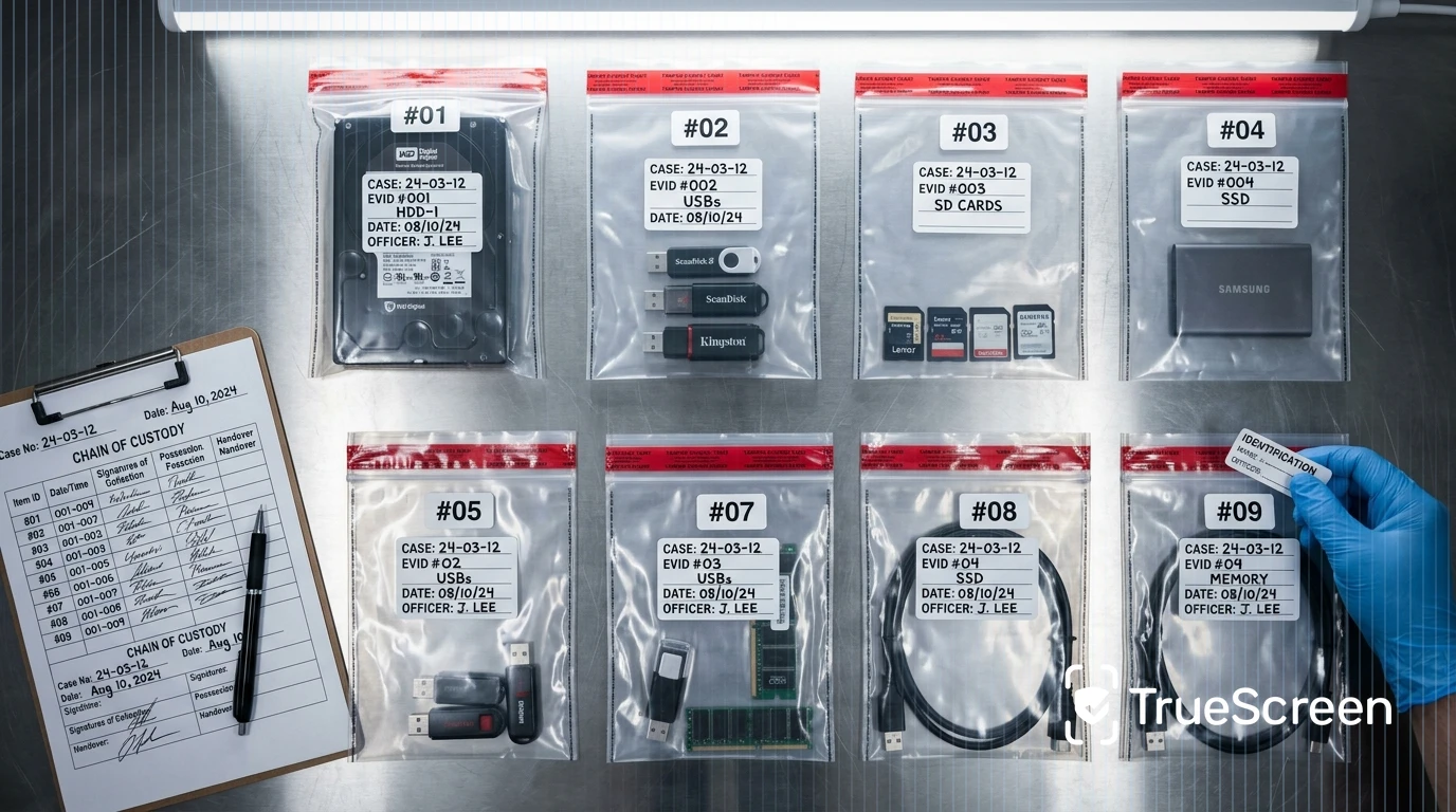 Evidence table: digital file forensic certification Sealed evidence bags with USB drives and hard drive on stainless steel table, numbered labels, clinical lighting