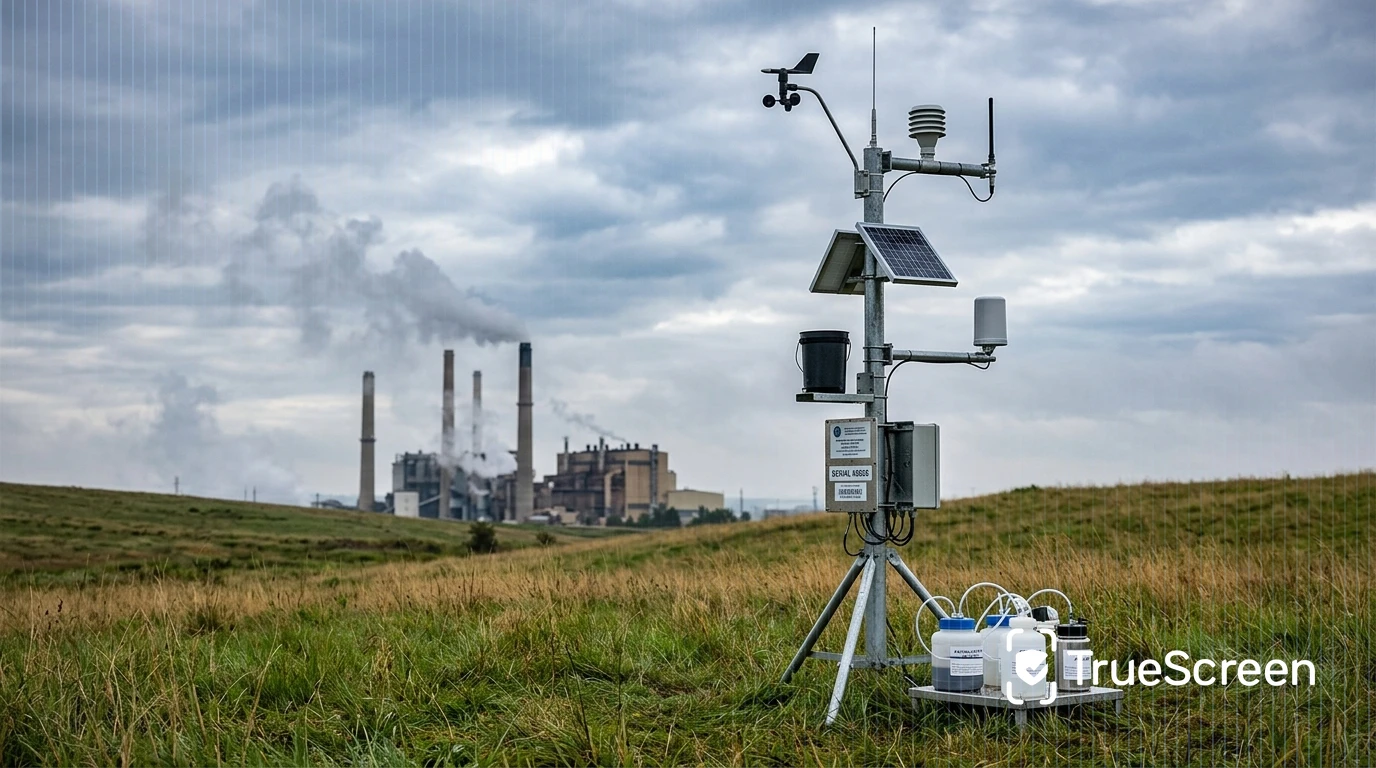 Environmental monitoring: ECGT directive compliance Environmental monitoring station near industrial facility, scientific sensors, overcast dramatic sky