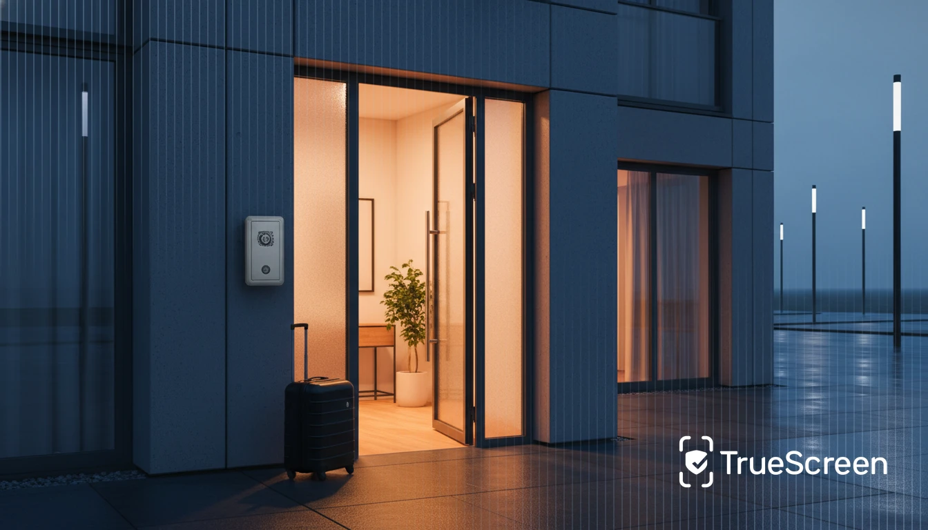 Apartment entrance with lockbox: self check-in short-term rentals Modern apartment entrance with key lockbox and suitcase representing self check-in regulation for short-term rentals
