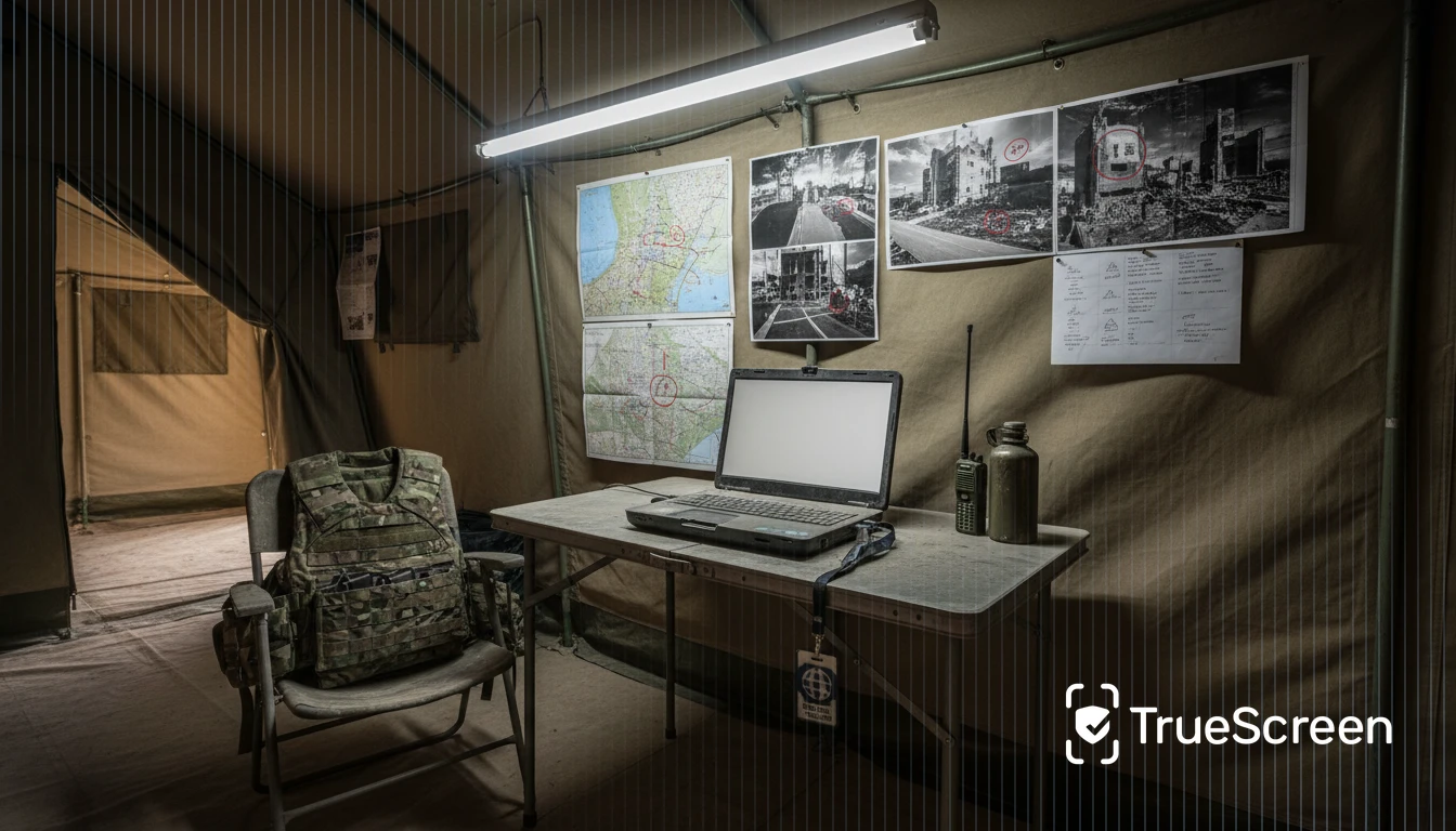 War correspondent field desk: disinformation and data authenticity Press tent field desk with laptop flak jacket and satellite photos representing war disinformation and certified evidence