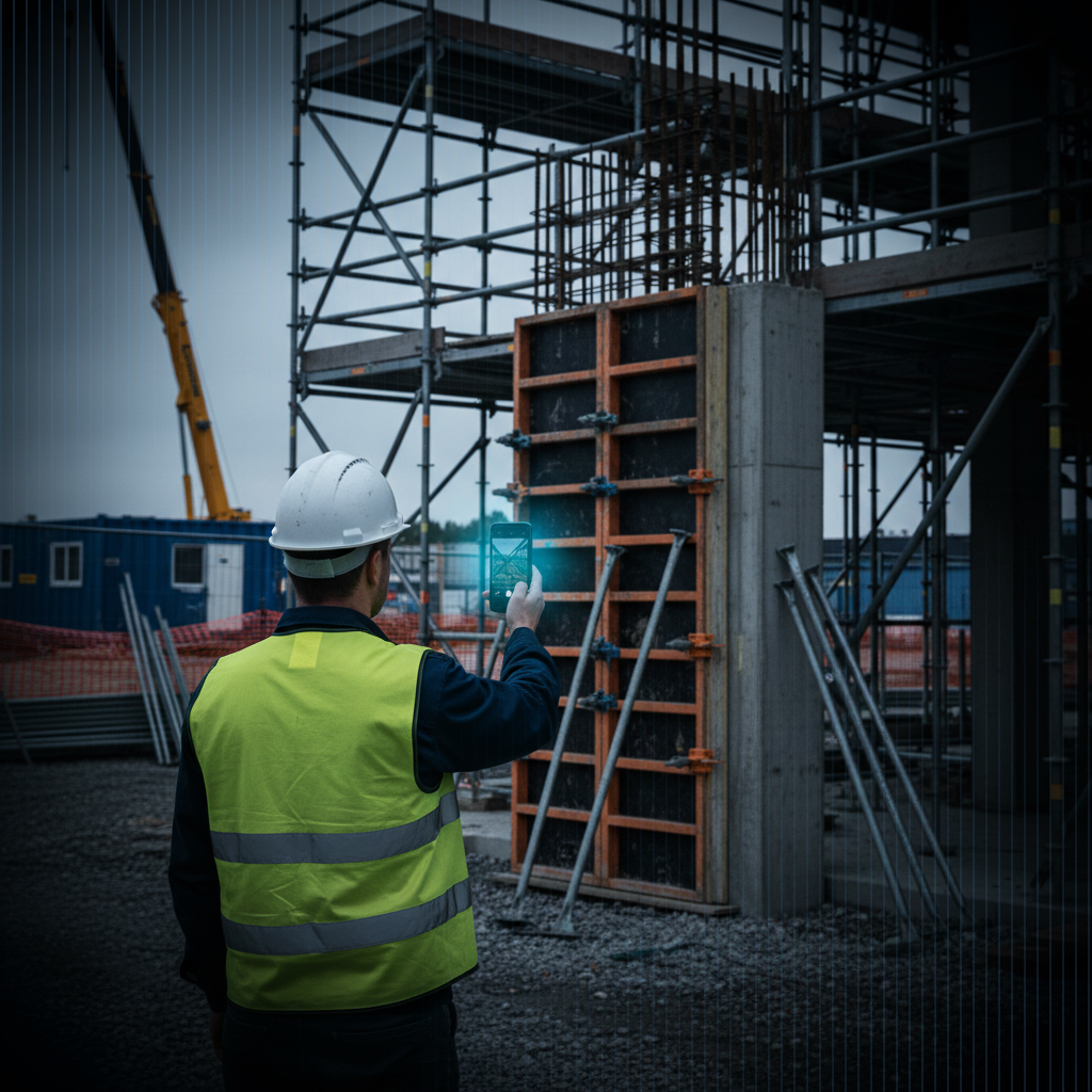Construction inspector certifies scaffolding safety with smartphone on site Insurance