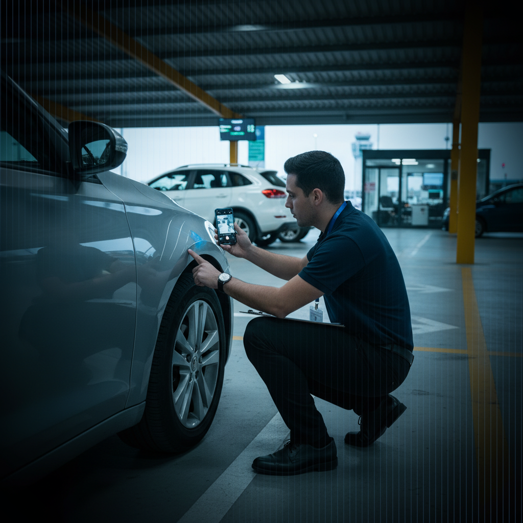 Car rental agent certifies vehicle scratches at inspection area Insurance