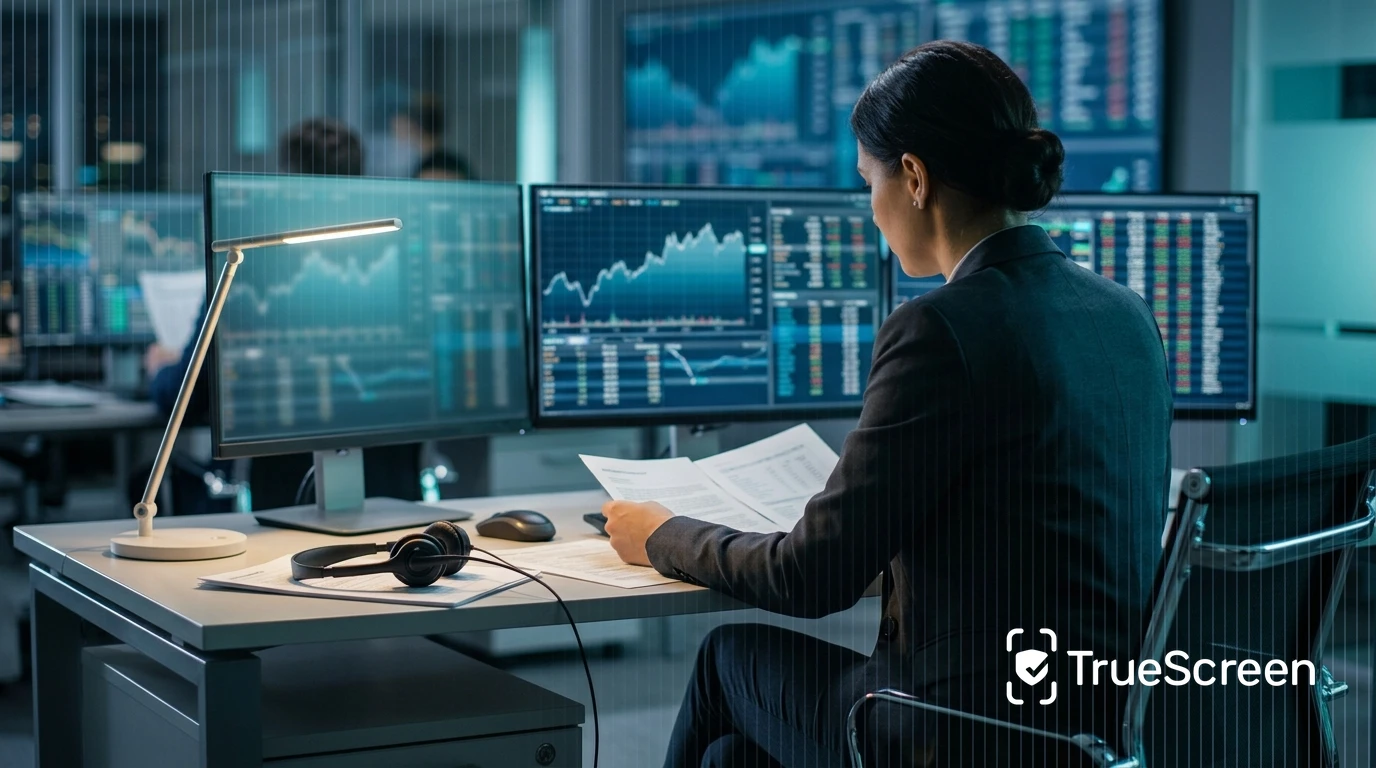 Ufficio compliance finanziario: comunicazioni certificate MiFID II Ufficio compliance con monitor finanziari per registrazione comunicazioni certificate MiFID II