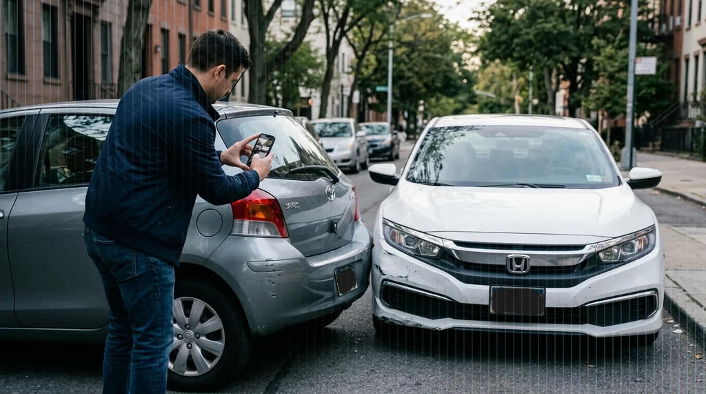 Driver documenting a car accident with a smartphone