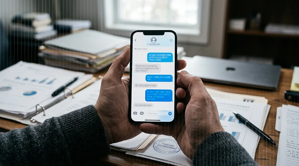 Hands holding a smartphone showing an iMessage conversation being certified on a desk with documents