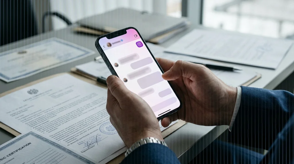 Hands holding a smartphone showing an Instagram direct message conversation being certified on a desk with documents