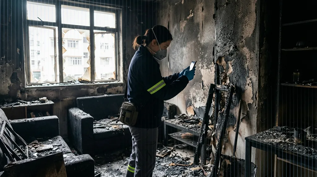 Perito assicurativo che documenta il danno da incendio sul posto con uno smartphone