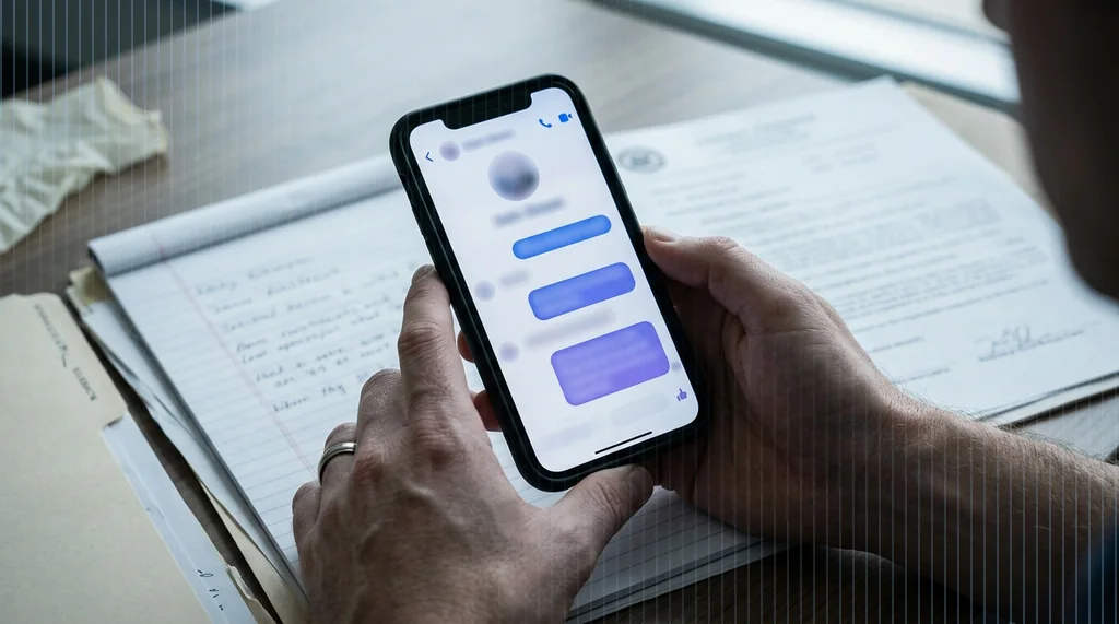 Hands holding a smartphone showing a Facebook Messenger conversation being certified on a desk with documents