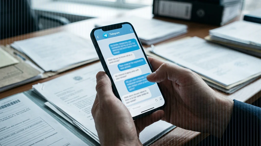 Mani che reggono uno smartphone con una chat Telegram da certificare su una scrivania con documenti