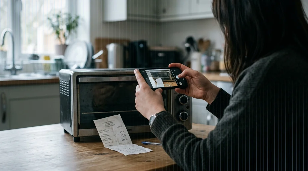Customer photographing a faulty appliance with a smartphone next to a receipt