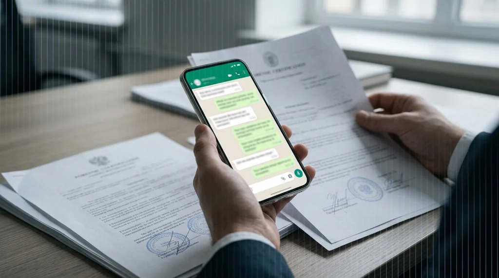 Hands holding a smartphone showing a WhatsApp chat being certified on a desk with documents