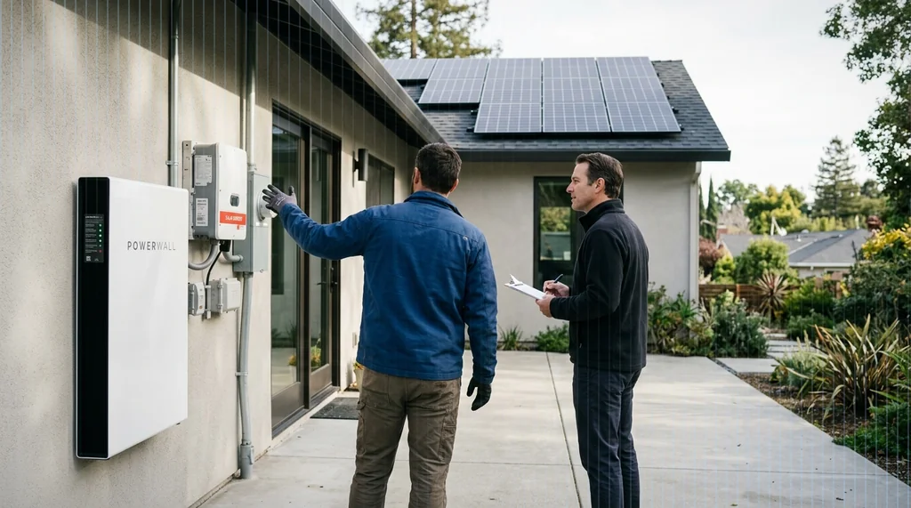 Installer reviewing a rooftop photovoltaic system with battery storage at handover