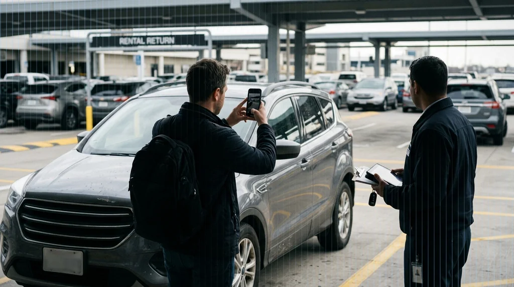 Customer returning a rental car and documenting it with a smartphone