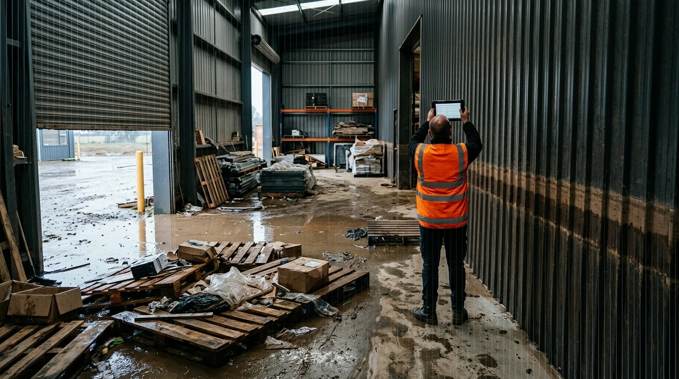 Vistoriador com colete de alta visibilidade documentando com um tablet os danos de uma enchente dentro de um galpão industrial