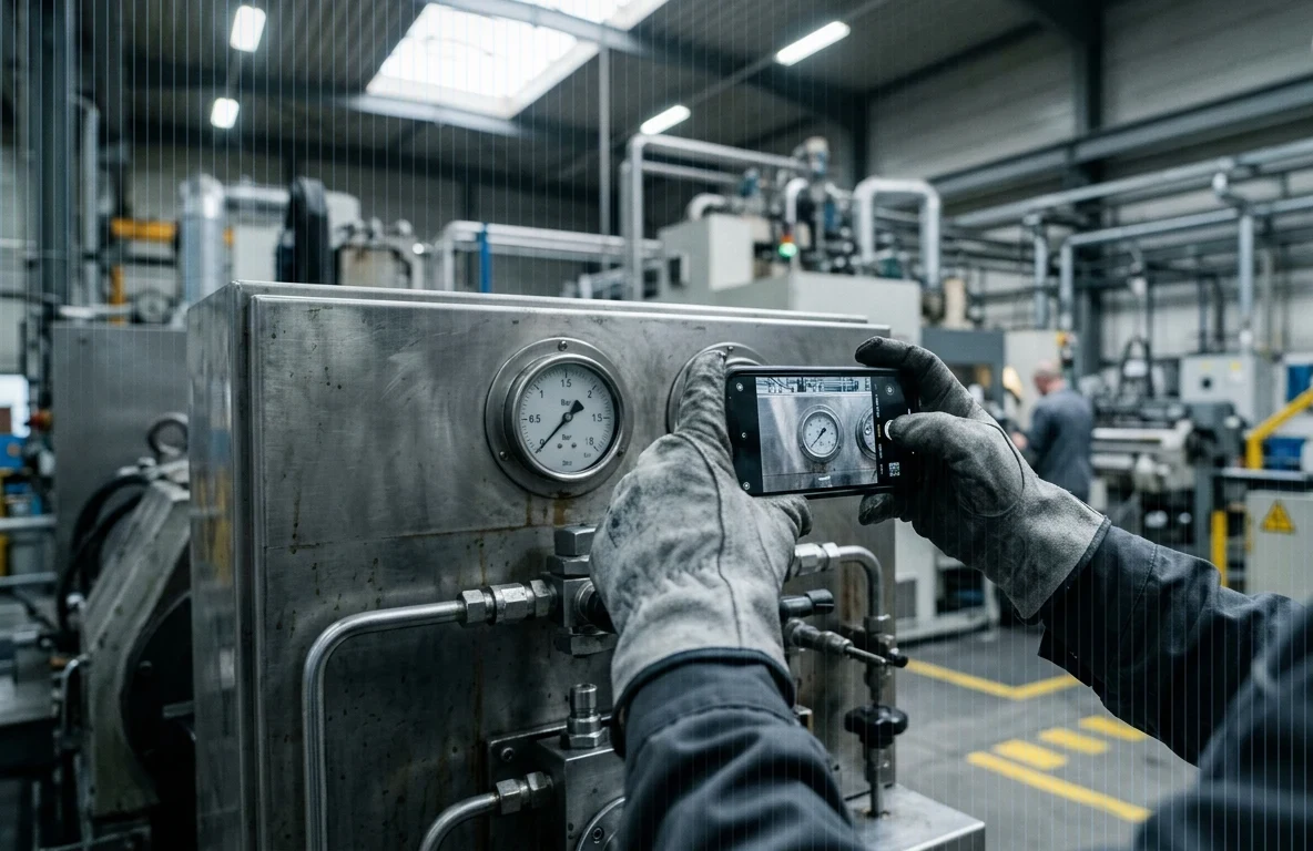 Mãos com luvas fotografando manômetros de uma máquina industrial durante a vistoria prévia à apólice