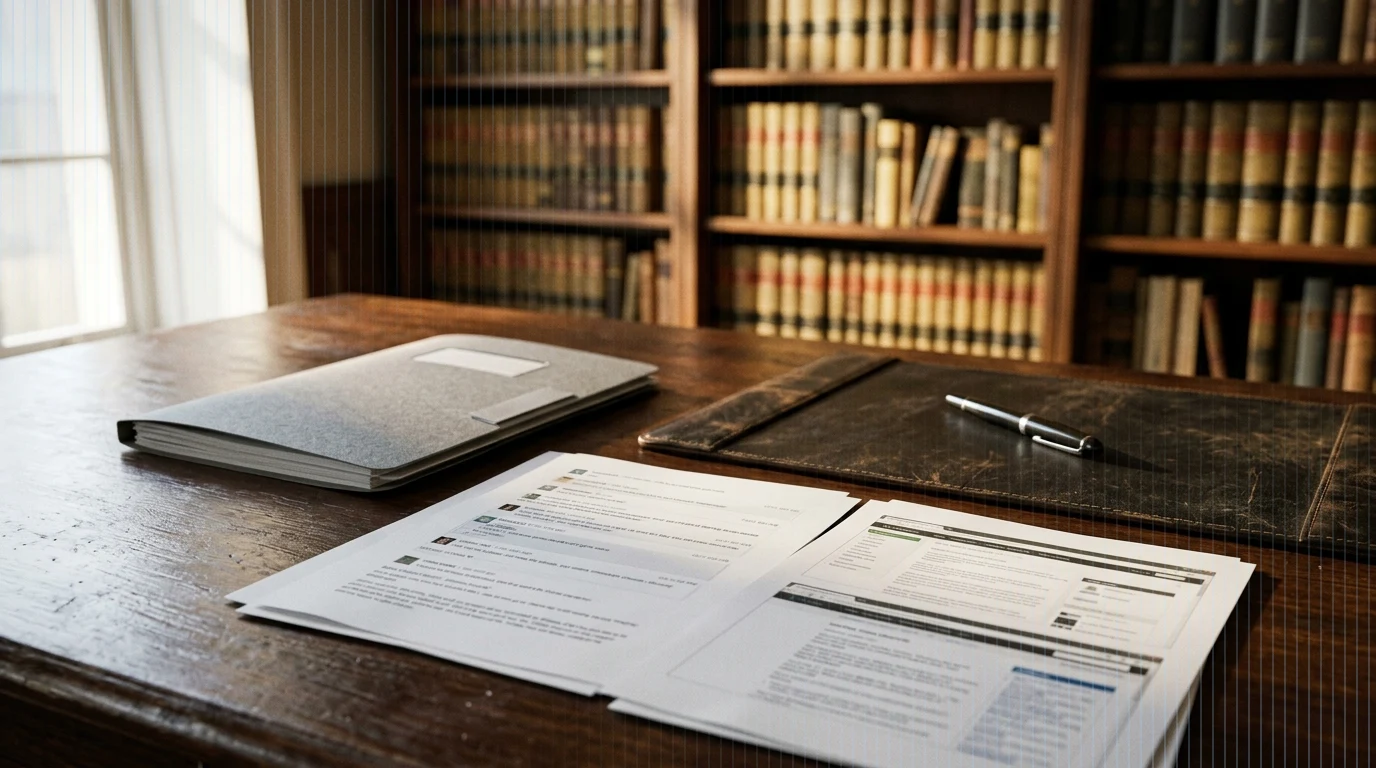 Printed chat conversations and web page captures laid out with a case folder on a law office table