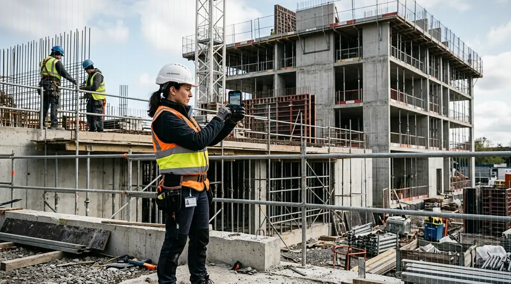 Fachkraft dokumentiert den Baufortschritt mit dem Smartphone