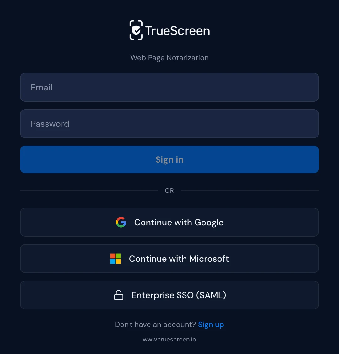 Pantalla de inicio de sesión de TrueScreen Chrome Extension
