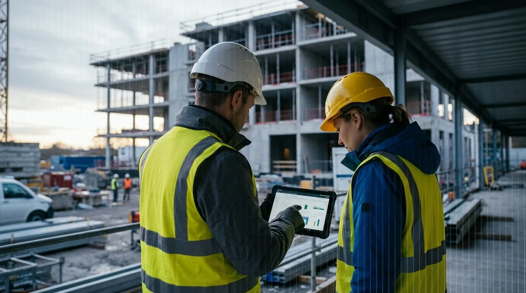 Bauleitung und Koordinator prüfen die zertifizierte Dokumentation auf einem Tablet