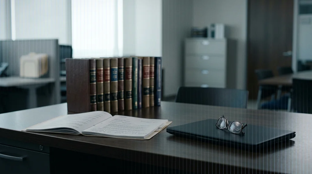 Compliance-Arbeitsplatz einer Versicherung mit Schadenunterlagen und Gesetzesbänden