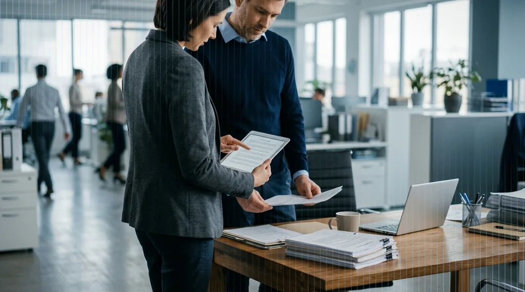 Equipo jurídico y de operaciones revisa en una tableta los contratos firmados y certificados