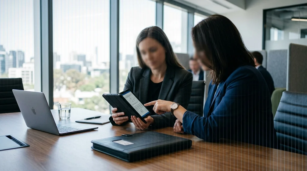 Equipo jurídico revisando en una tableta las pruebas digitales certificadas en el despacho