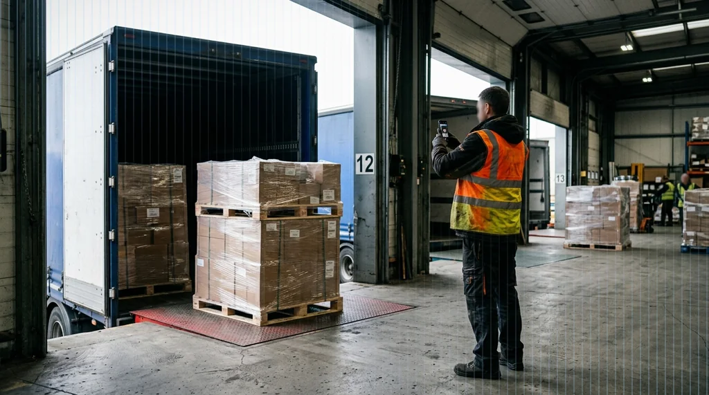 Operatore logistico che fotografa con lo smartphone un carico pallettizzato alla banchina di carico