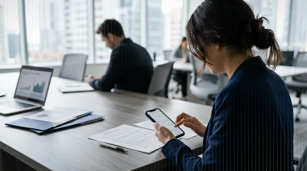 Persona che firma un contratto sullo smartphone durante un incontro di lavoro