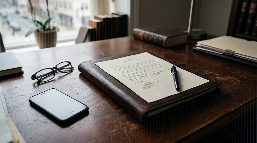 Expediente firmado e informe probatorio certificado sobre la mesa de un despacho de abogados