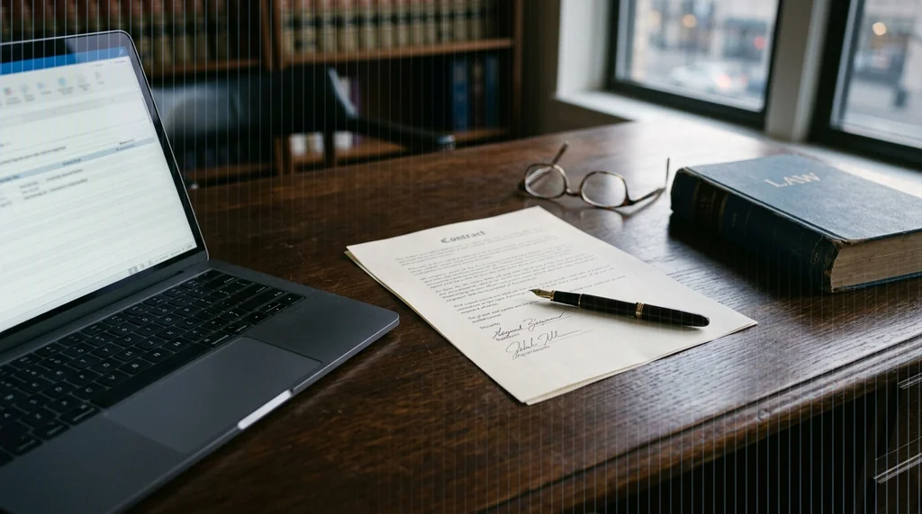 Contrato firmado sobre el escritorio junto a una pluma y al registro de firmas