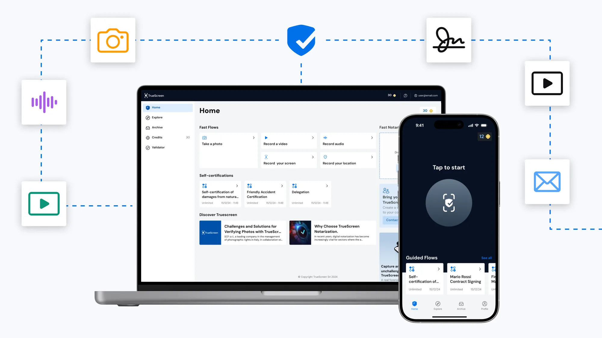 TrueScreen platform on desktop and mobile with certified content types