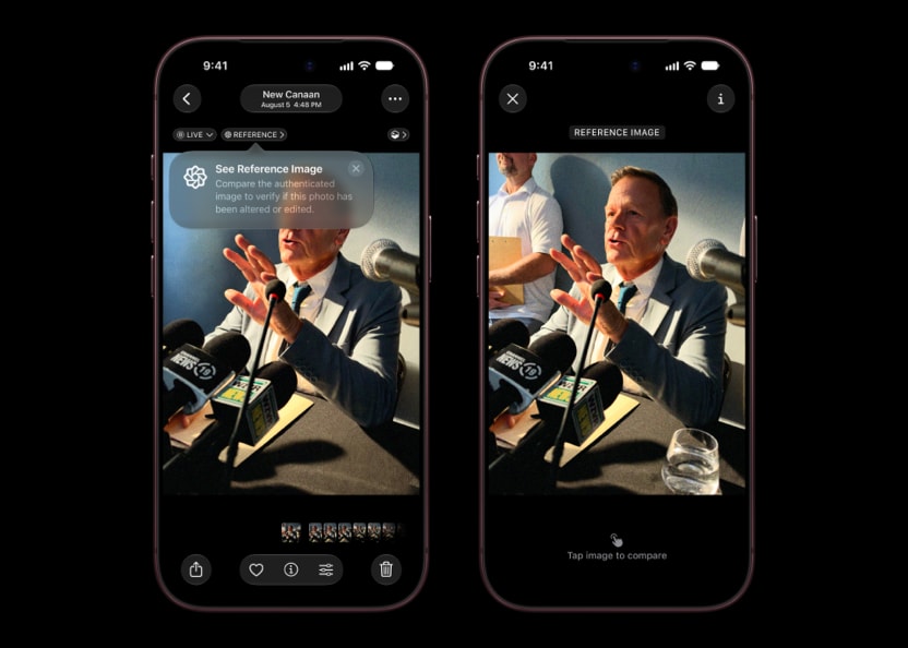 Deux écrans de l'app Photos de l'iPhone 18 Pro : la photographie portant la mention Reference et l'image de référence à côté