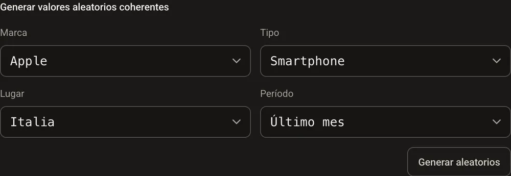 El generador de valores aleatorios coherentes de GoTamper.it configurado en Apple, smartphone, Italia, último mes