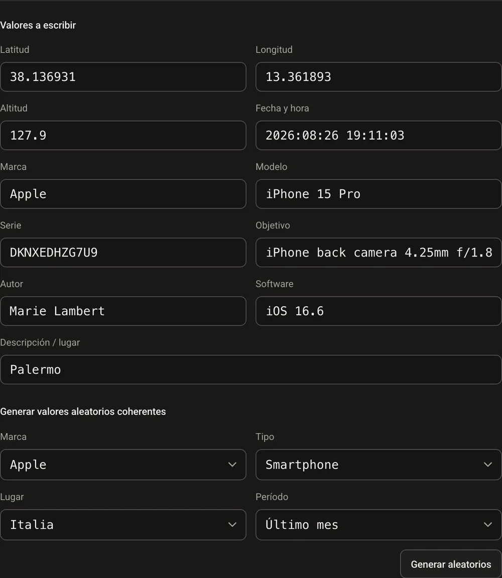 Los metadatos reescritos: Apple, iPhone 15 Pro, iOS 18.1, Milán, 9 de septiembre de 2026, coordenadas y altitud