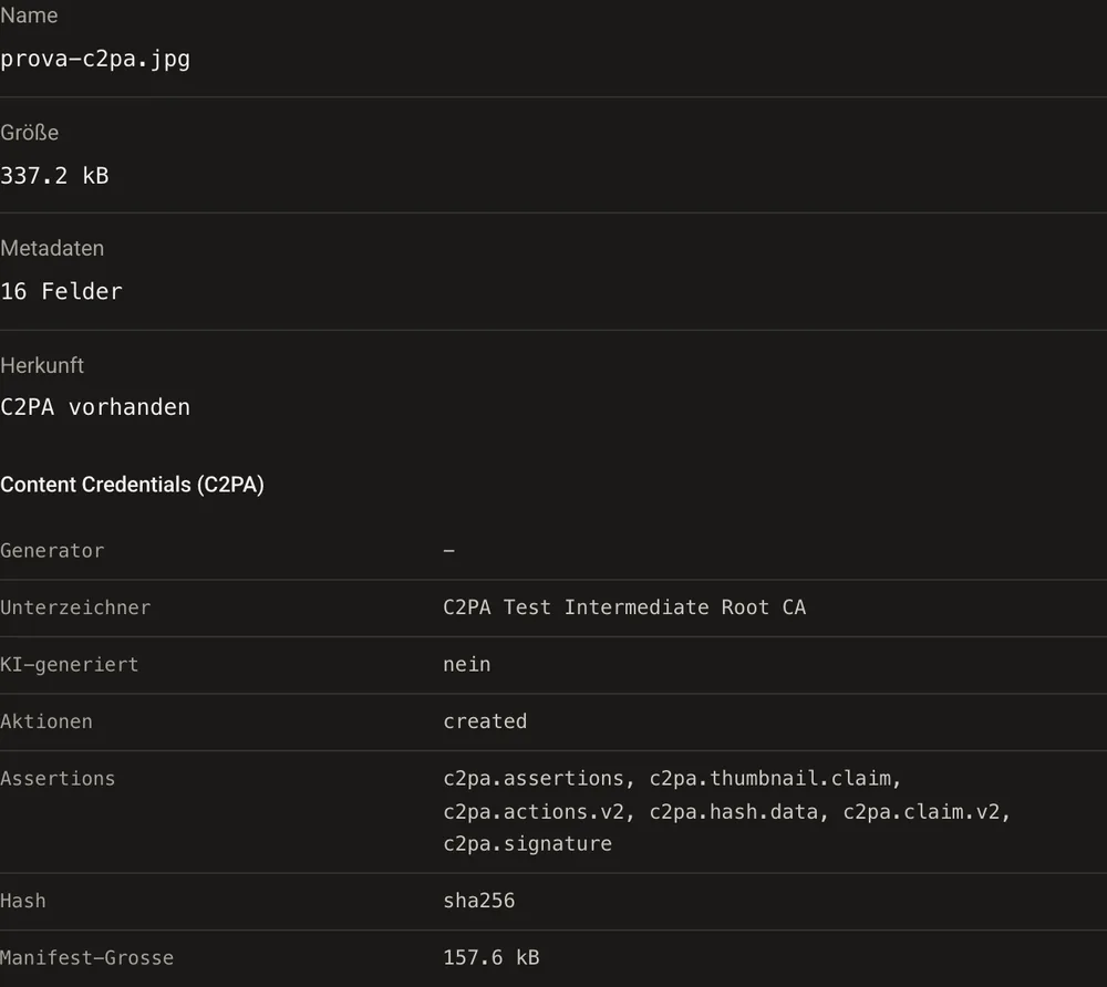 GoTamper.it zeigt die Content Credentials des Testfotos vor jeder Änderung