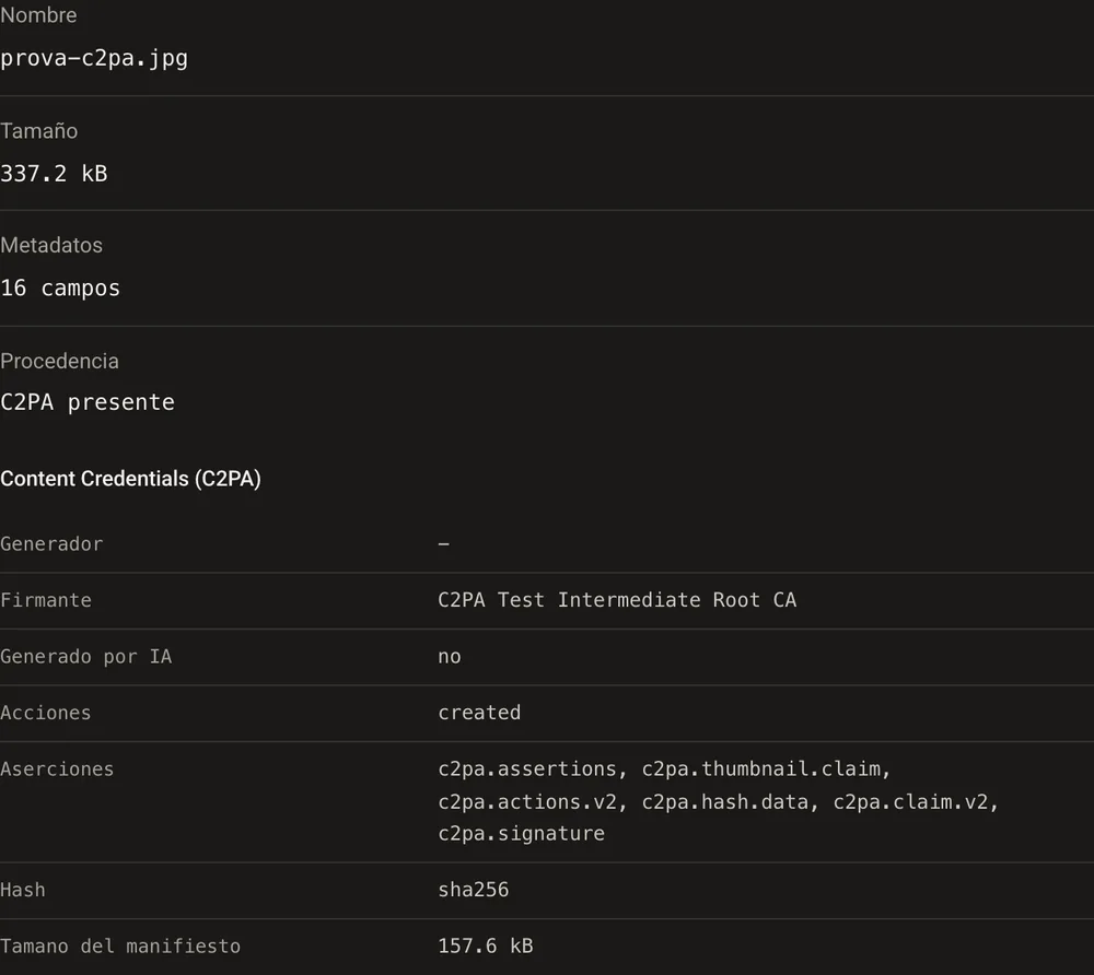 GoTamper.it muestra las Content Credentials de la foto de prueba antes de cualquier cambio