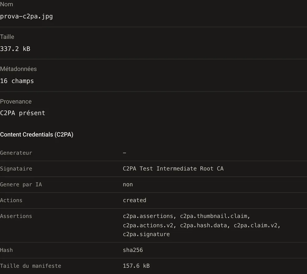 GoTamper.it affiche les Content Credentials de la photo de test avant toute modification