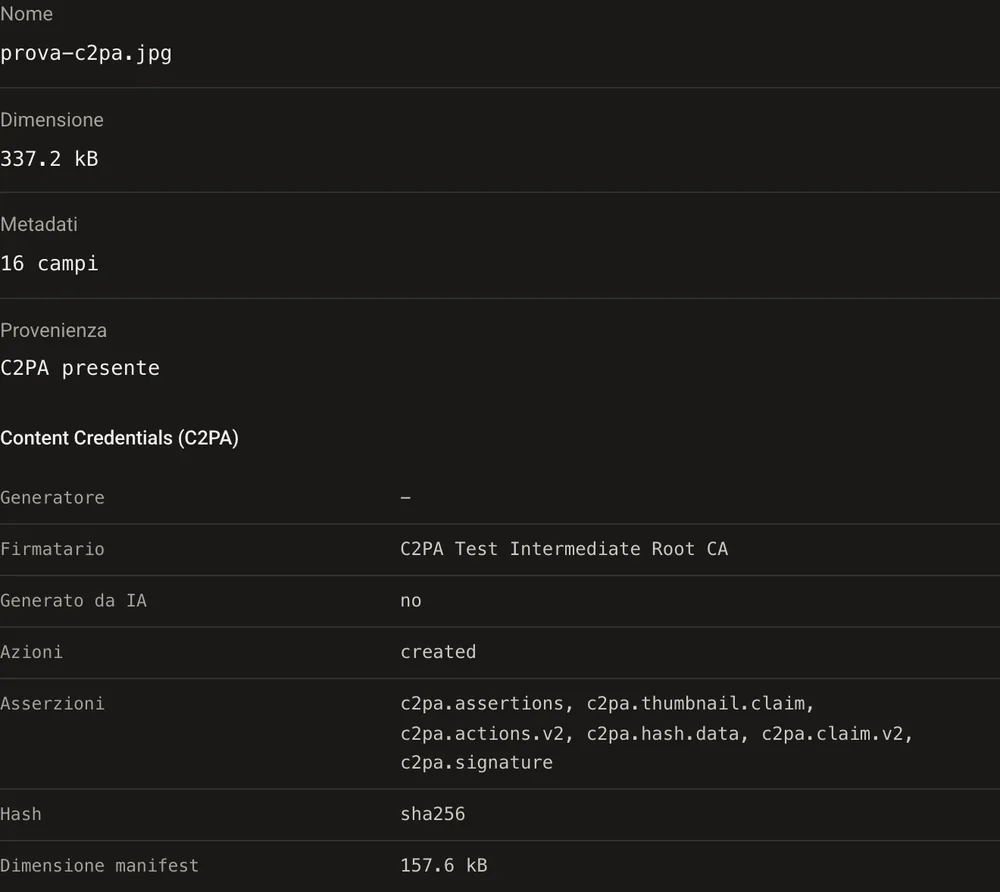 GoTamper.it mostra le Content Credentials della foto di prova prima di qualsiasi modifica