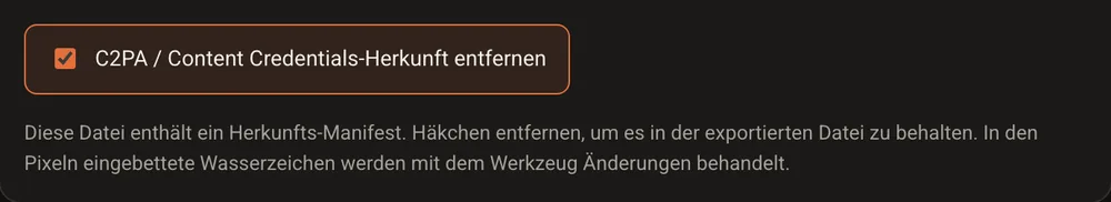 Der Reiter Herkunft von GoTamper.it: das Kästchen zum Entfernen der Content Credentials (C2PA) ist bereits angehakt