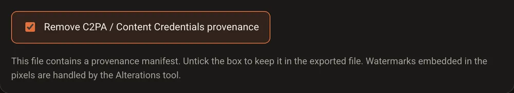 A aba Provenance do GoTamper.it: a caixa para remover as Content Credentials C2PA já vem marcada
