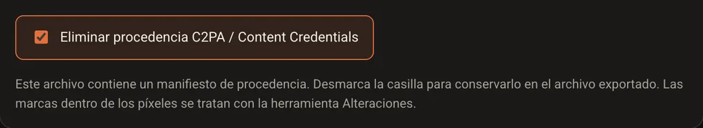 La pestaña Procedencia de GoTamper.it: la casilla para eliminar las Content Credentials C2PA ya está marcada