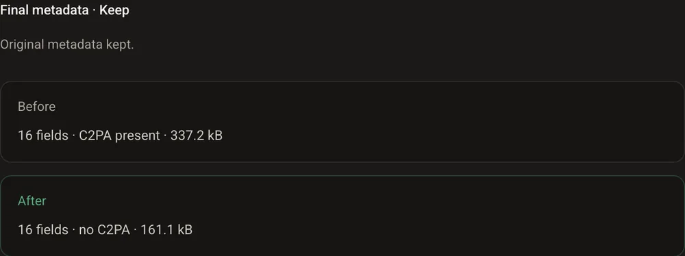 Result panel: C2PA present at 337.2 kB before, no C2PA at 161.1 kB after, 16 fields in both cases