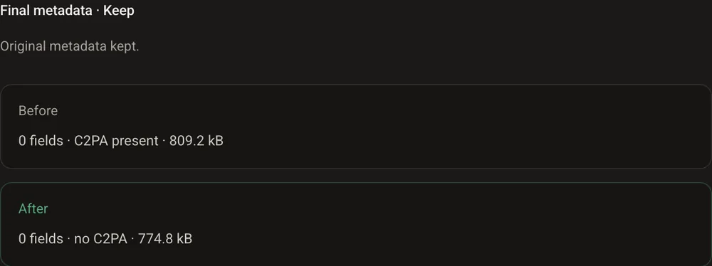 Result panel after removing C2PA Content Credentials from the video: 809.2 kB before, 774.8 kB after