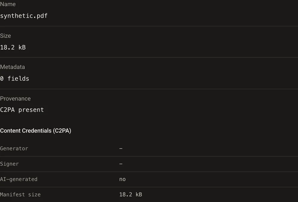 GoTamper.it detecting the C2PA Content Credentials attached to a PDF