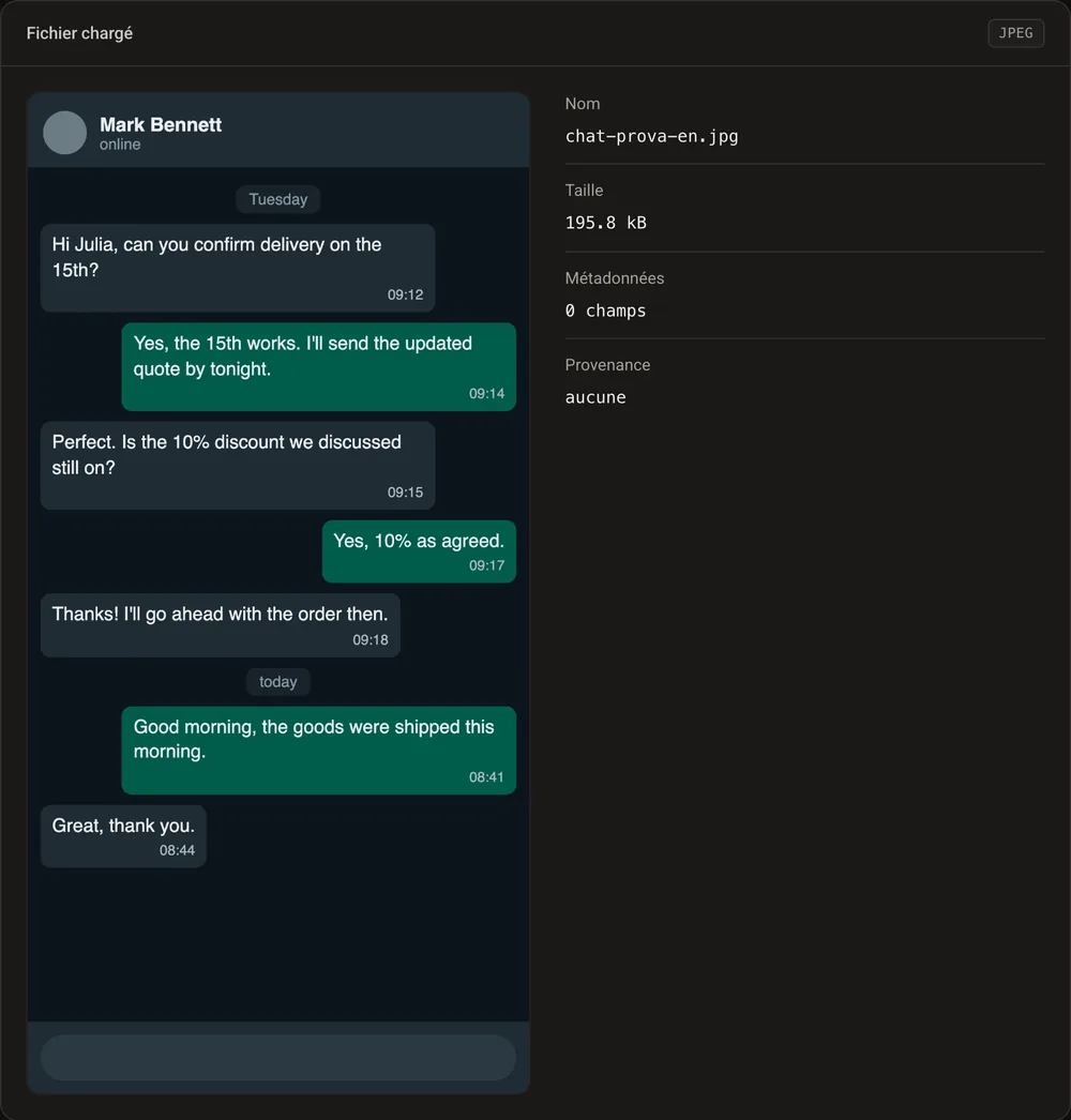 GoTamper.it avec une capture d'écran de conversation chargée : aucune métadonnée, aucune provenance