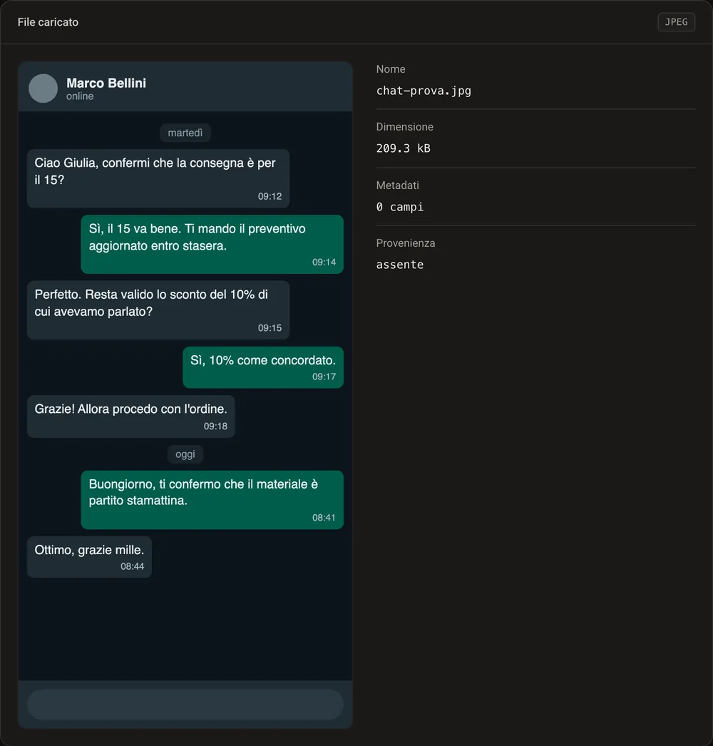 GoTamper.it con uno screenshot di chat caricato: nessun metadato, nessuna provenienza